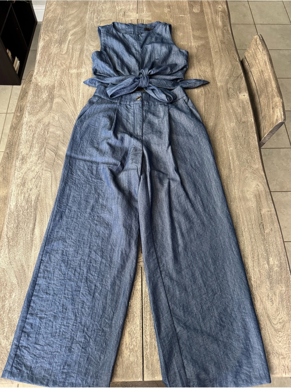Commense Sleeveless Wide-Leg Pants Set with Front Tie Top - Denim Blue